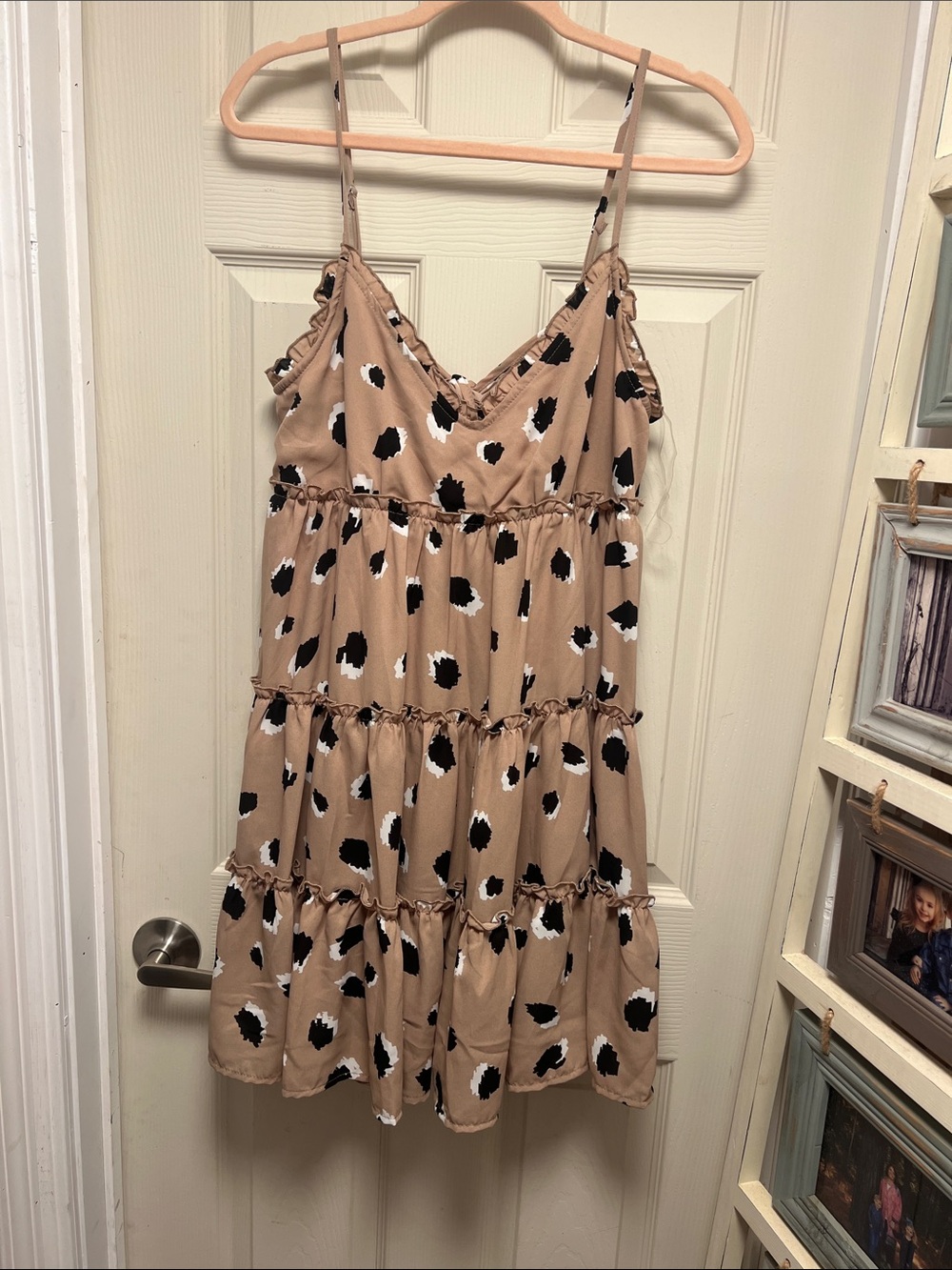 entro Beige Tiered Spaghetti Strap Mini Dress with Black & White Spots